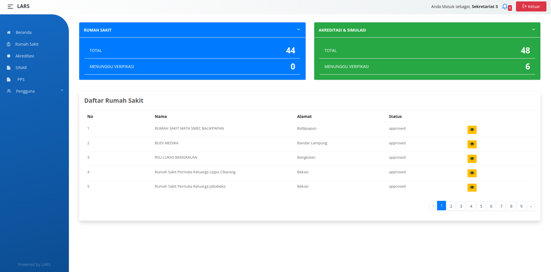 Lembaga Akreditasi Rumah Sakit (LARS) - Akreditas Rumah Sakit (Kemenkes) interface